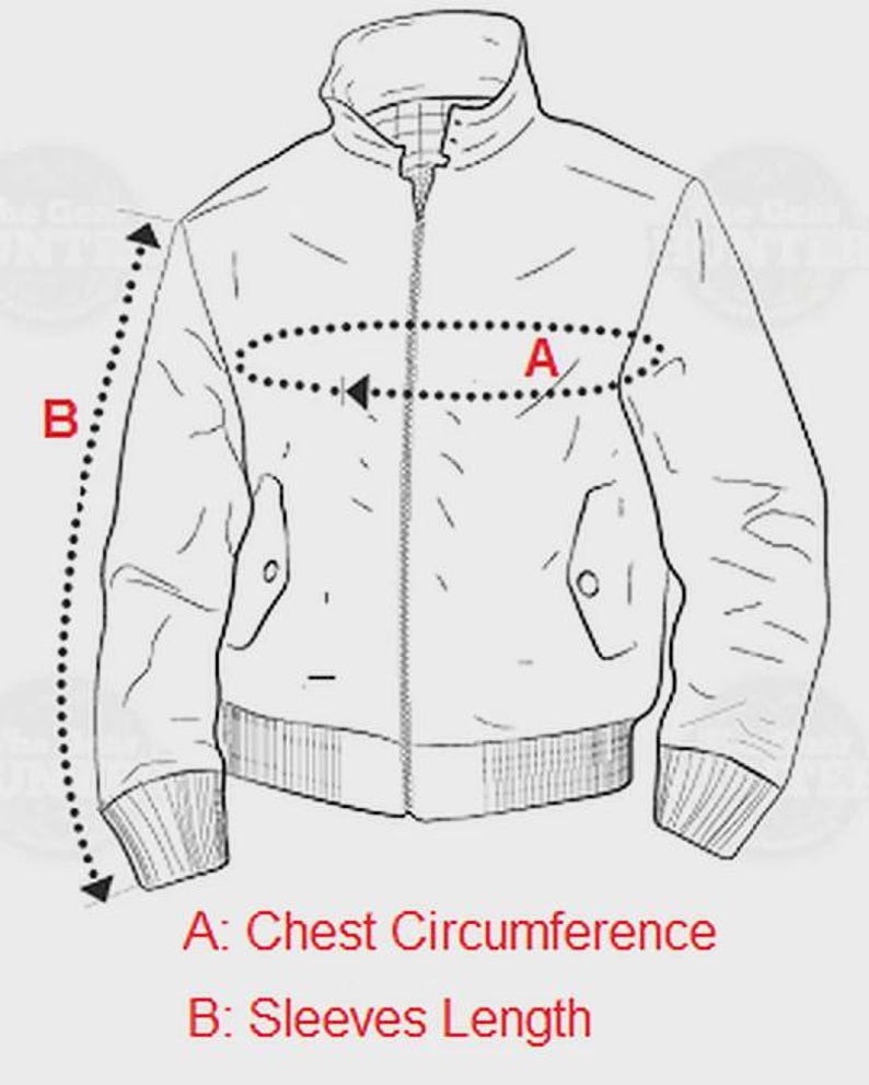 K&ouml;nnte beinhalten: Zeichnung einer Jacke mit Ma&szlig;angaben. Die Beschriftungen zeigen Brustumfang (A) und &Auml;rmell&auml;nge (B). Die Jacke hat einen Rei&szlig;verschluss, Taschen und gerippte B&uuml;ndchen.