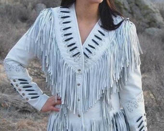 Traditionelle Cowgirl-Westernjacke - 100% echtes Rindsleder - Fransenquaste - Indianerstil