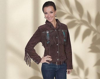 Women’s Western Fringe Suede Leather Jacket Cowgirl Coat with Beads & Tassels