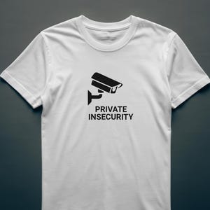 以下が含まれることがあります： 黒いセキュリティカメラのグラフィックと「PRIVATE INSECURITY」の文字がプリントされた白いTシャツ。Tシャツは丸首で半袖です。デザインは前面の中央に配置されています。