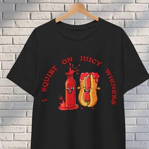 Juicy Sausage Sketch T-Shirt, Inappropriate Funny Shirt, Retro Cartoon Gift for Gen Z, Joke Gift Idea,Funny Hot Dog Squirt Tee,