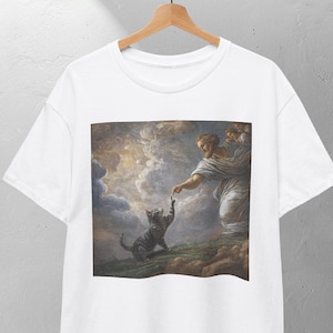 Funny Cat Shirt,  Cat God Creation Of Adam Meme Shirt, Michelangelo Art, Jesus Meme Gift Shirt,Creation of Adam Parody Tee, Cat Meme Shirt,