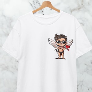 Camiseta de Cupido de dibujos animados, regalo romántico, camiseta de San Valentín, ropa informal, temática de amor, top con personaje adorable