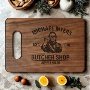 Halloween Themed Engraved Cutting Board, Michael Myers Kitchen Decor, Unique Gift for Cooks, Wooden Cutting Board, Spooky, Gift for Dad