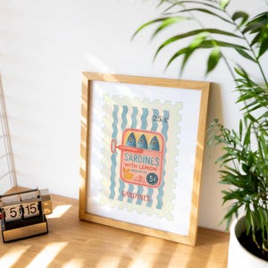 Impresión de sardinas, lata de sardinas, póster vintage, arte de pared retro de sardinas, impresión de peces, arte de pared ecléctico, póster de sellos postales coloridos, pescador