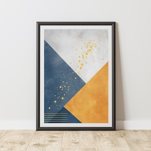 Minimalist Geometric Color Block Poster, Blue, White, Gray And Orange, Modern Abstract Wall Art with Gold Paint Accents