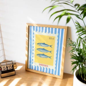Sardinen Druck Sardinendose Vintage Poster Retro Sardinen Wand Kunst Fisch Druck Eklektische Wandkunst Bunt Briefmarke Poster Fischer