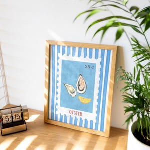 Arte de pared imprimible con sello de ostra vintage, arte de pared de ostras, impresión costera, póster playero preppy, decoración náutica oceánica, ambiente marino moderno