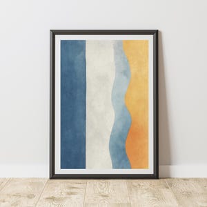 Vertical Abstract Color Bands Wall Art, Blue, White, Light Blue And Orange, Modern Narrow Format Print for Hallway or Gallery Wall