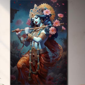 Arte de parede do Deus Hindu Krishna, Arte de parede em vidro temperado Krishna, Decoração de parede com Krishna e flauta, Decoração de parede hindu, Arte de parede moderna, Tapeçarias