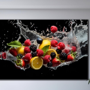 Fresh Fruits Tempered Glass Art, Fruits Wall Art, Splashing Fruit On Water Glass Decor, Kitchen Wall Decor, Large Wall Art, Glass Wall Art