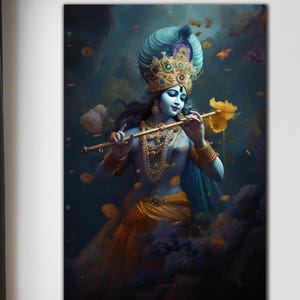 Arte de parede do Deus Hindu Krishna, Arte de parede em vidro temperado Krishna, Decoração de parede com Krishna e flauta, Decoração de parede hindu, Arte de parede moderna, Tapeçarias
