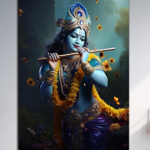 Arte de parede do Deus Hindu Krishna, Arte de parede em vidro temperado Krishna, Decoração de parede com Krishna e flauta, Decoração de parede hindu, Arte de parede moderna, Tapeçarias
