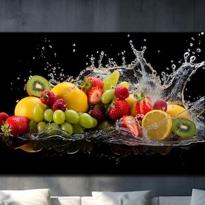 Fresh Fruits Tempered Glass Art, Fruits Wall Art, Splashing Fruit On Water Glass Decor, Kitchen Wall Decor, Large Wall Art, Glass Wall Art