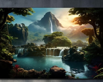 Arte mural de vidrio templado con cascada Paradise, decoración de pared con cascada, arte de vidrio natural, decoración de pared vívida, arte mural moderno, tapices