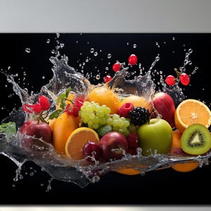 Fresh Fruits Tempered Glass Art, Fruits Wall Art, Splashing Fruit On Water Glass Decor, Kitchen Wall Decor, Large Wall Art, Glass Wall Art