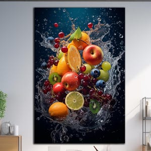 Fresh Fruits Tempered Glass Art, Fruits Wall Art, Splashing Fruit On Water Glass Decor, Kitchen Wall Decor, Large Wall Art, Glass Wall Decor