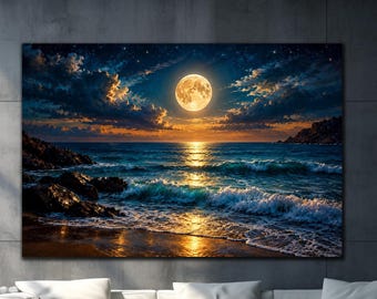 Puede incluir: Una impresión de arte mural rectangular que representa un paisaje marino nocturno bajo una luna llena grande y brillante. La escena presenta costas rocosas oscuras, olas del océano con espuma blanca y un reflejo dorado de luz sobre el agua.