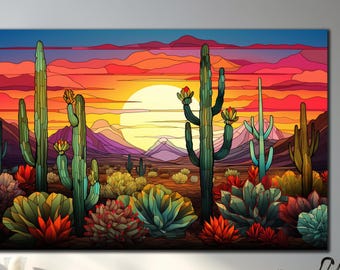 Tempered Glass Cactus Wall Art, Stained Glass Sunset, Extra Large