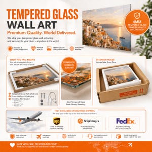The image is an advertisement for Tempered Glass Wall Art, showcasing a beautiful image of a coastal town at sunset. The ad highlights the premium quality of the product, its world-delivered safe shipping service, and the convenience of having a wall art piece arrive securely packed and ready to install. The ad also mentions the option to ship the art by air for faster delivery and the use of FedEx for worldwide shipping.