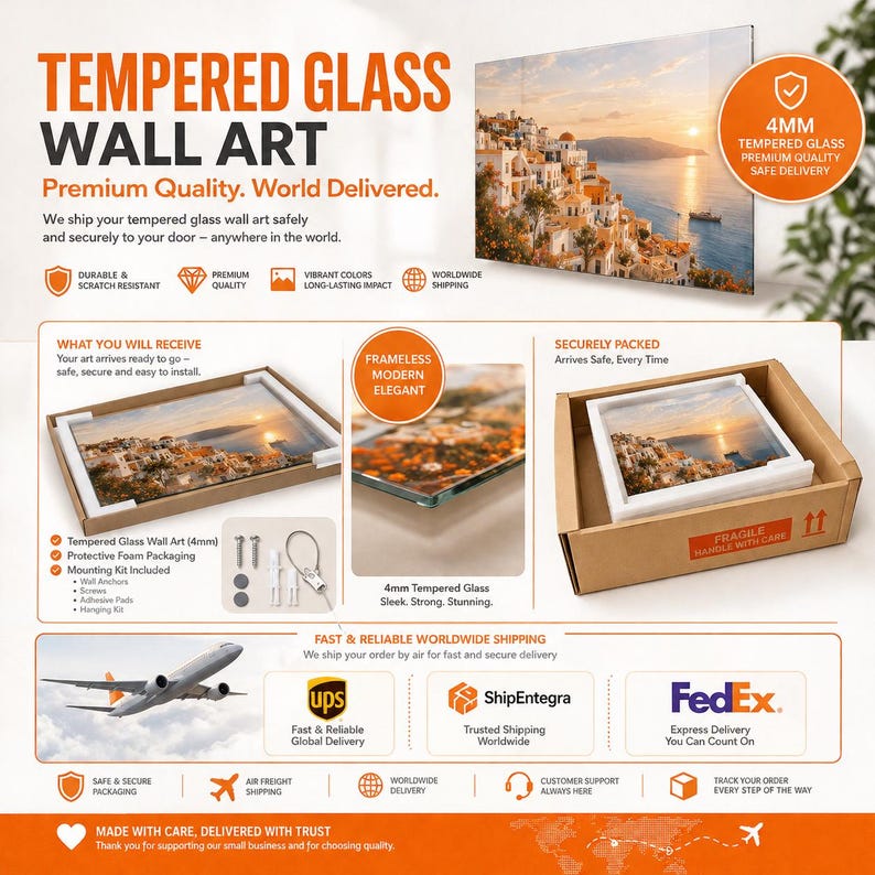The image is an advertisement for Tempered Glass Wall Art, showcasing a beautiful image of a coastal town at sunset. The ad highlights the premium quality of the product, its world-delivered safe shipping service, and the convenience of having a wall art piece arrive securely packed and ready to install. The ad also mentions the option to ship the art by air for faster delivery and the use of FedEx for worldwide shipping.