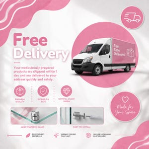 The image is an advertisement for a fast delivery service that offers free delivery on products purchased within 1 day. It features a white van with a pink and white design, and the text highlights the benefits of the service, such as the delivery of premium quality products, crystal clear finish, and easy installation. The ad also mentions that the service is eco-friendly and has a vibrant color palette.