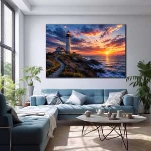 Lighthouse Wall Art, Coastal Sunset Canvas, Ocean Landscape Print, Seaside Wall Decor, Nautical Artwork, Dramatic Seascape, Beach House Art Bild 3