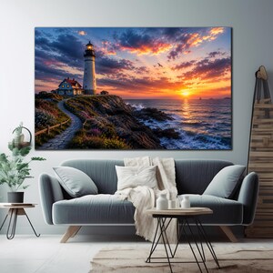 Lighthouse Wall Art, Coastal Sunset Canvas, Ocean Landscape Print, Seaside Wall Decor, Nautical Artwork, Dramatic Seascape, Beach House Art Bild 5
