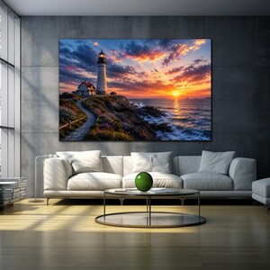Lighthouse Wall Art, Coastal Sunset Canvas, Ocean Landscape Print, Seaside Wall Decor, Nautical Artwork, Dramatic Seascape, Beach House Art Bild 4