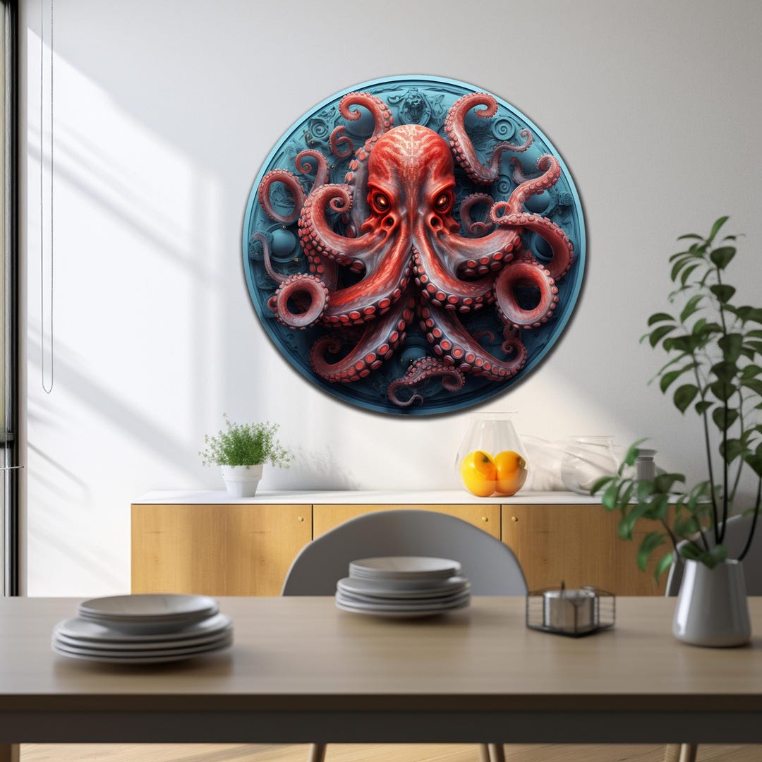 Octopus Round Glass Wall Art, Octopus Wall Decor, Octopus Circle Art ...
