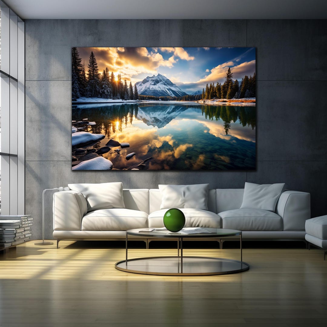 Mountain Lake Reflection Canvas Print, Winter Landscape Wall Art ...