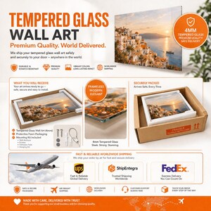 The image is an advertisement for Tempered Glass Wall Art, showcasing a beautiful image of a coastal town at sunset. The ad highlights the premium quality of the product, its world-delivered safe shipping service, and the convenience of having a wall art piece arrive securely packed and ready to install. The ad also mentions the option to ship the art by air for faster delivery and the use of FedEx for worldwide shipping.