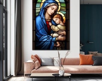 Virgin Mary and Jesus Tempered Glass Wall Art, Housewarming Gift