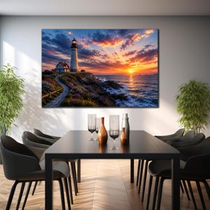 Lighthouse Wall Art, Coastal Sunset Canvas, Ocean Landscape Print, Seaside Wall Decor, Nautical Artwork, Dramatic Seascape, Beach House Art Bild 2