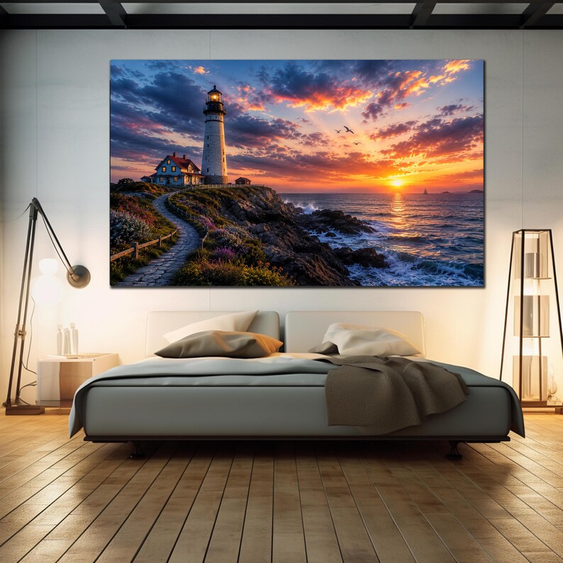 Lighthouse Wall Art, Coastal Sunset Canvas, Ocean Landscape Print, Seaside Wall Decor, Nautical Artwork, Dramatic Seascape, Beach House Art Bild 6