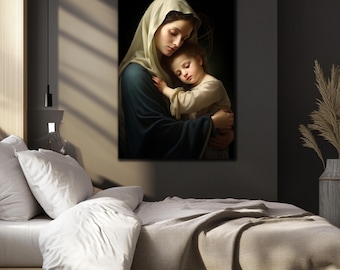 Virgin Mary and Jesus Tempered Glass Wall Art, Housewarming Gift