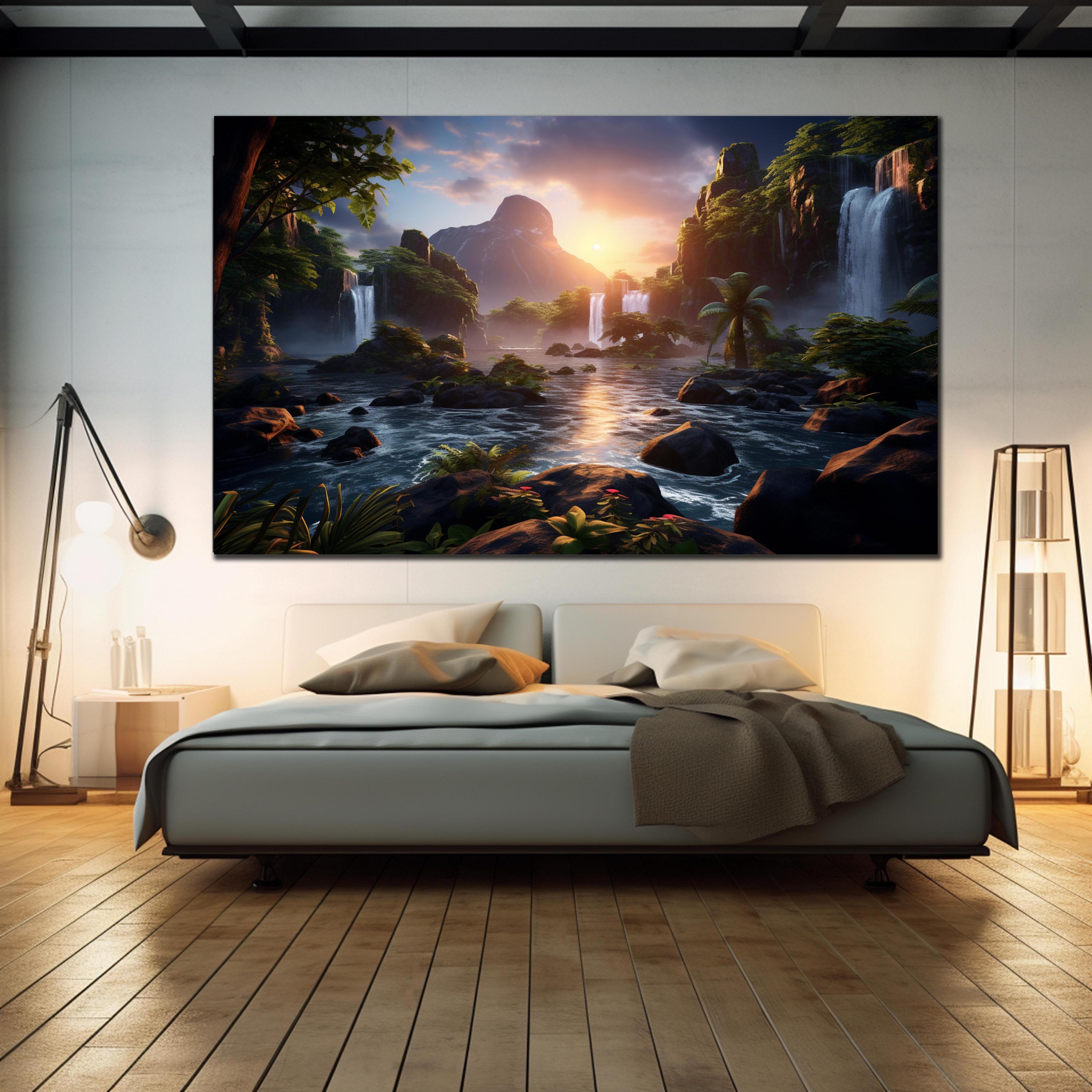 Genericc Décoration murale en verre trempé avec impression cascade et forêt - Cadeau de luxe