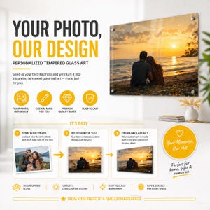 The image is a promotional advertisement for personalized glass art. It features a couple sitting on a beach at sunset, with a text overlay that describes the process of creating custom glass art based on a favorite photo. The ad highlights the ease of use, premium quality, and durability of the glass art, as well as the ability to turn a favorite photo into a lasting memory.