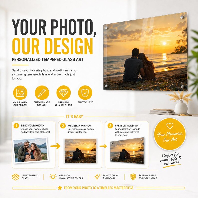 The image is a promotional advertisement for personalized glass art. It features a couple sitting on a beach at sunset, with a text overlay that describes the process of creating custom glass art based on a favorite photo. The ad highlights the ease of use, premium quality, and durability of the glass art, as well as the ability to turn a favorite photo into a lasting memory.