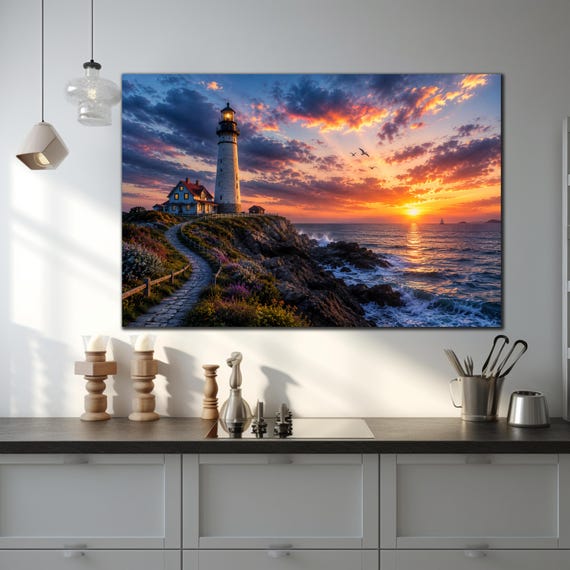 Lighthouse Wall Art, Coastal Sunset Canvas, Ocean Landscape Print, Seaside Wall Decor, Nautical Artwork, Dramatic Seascape, Beach House Art