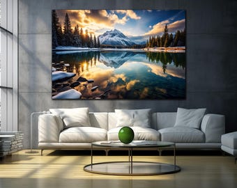 Mountain Lake Reflection Canvas Print, Winter Landscape Wall Art, Nature Photography Home Decor