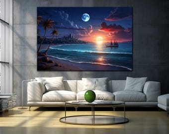 Sea and Moon View Tempered Glass Wall Art, Full Moon Night Sky, Ocean Wall Decor, Extra Large Moon Glass Art, Housewarming Gift