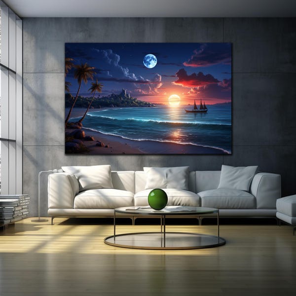 Sea and Moon View Tempered Glass Wall Art, Full Moon Night Sky, Ocean Wall Decor, Extra Large Moon Glass Art, Housewarming Gift
