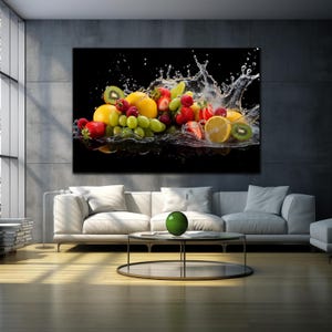 Fresh Fruits Tempered Glass Art, Fruits Wall Art, Splashing Fruit On Water Glass Decor, Kitchen Wall Decor, Large Wall Art, Glass Wall Art