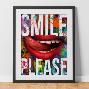 Pop art poster, Pop artful poster, Funky wall art, Graffiti wall art, Pop art modernism, Red lips wall art, Poster smile, Colorful wall art