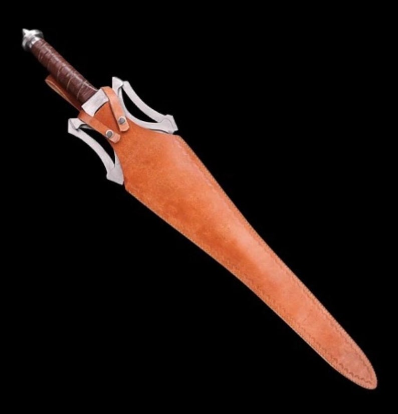 May include: A medieval-style sword with a brown leather-wrapped handle and a silver-colored guard. The sword is sheathed in a brown leather scabbard. The blade is not visible. The background is black.