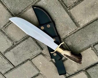 Handmade Lt. Aldo Raine Bowie Knife - Hand Forged Movie Prop Replica - Knife with Stag Antler Handle & Sheath - Gift for Men, Groomsmen