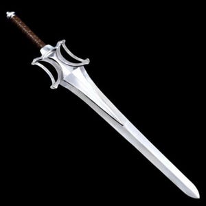 May include: A silver-colored sword with a brown handle. The blade is long and pointed, with a decorative hilt featuring curved designs. The sword is set against a black background, highlighting its metallic sheen. A fantasy-themed weapon.