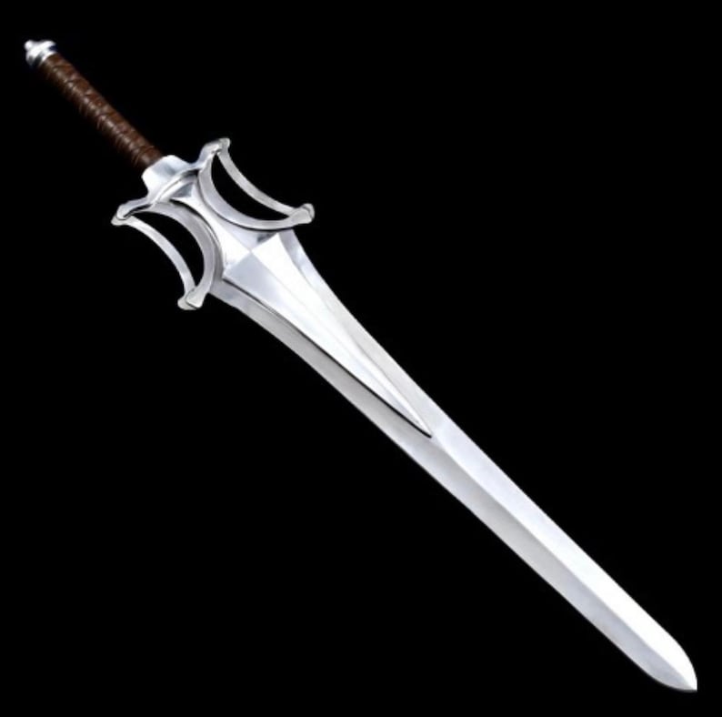 May include: A silver-colored sword with a brown handle. The blade is long and pointed, with a decorative hilt featuring curved designs. The sword is set against a black background, highlighting its metallic sheen. A fantasy-themed weapon.