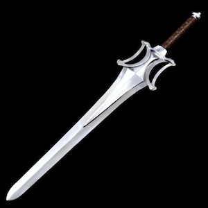 May include: A silver sword with a polished blade and a decorative hilt. The hilt features a unique design with curved elements. The handle is wrapped in brown material. The sword is set against a black background.